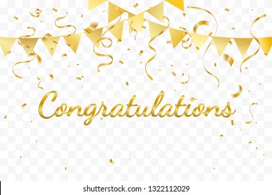 Congratulations With Golden Confetti And Ribbon On Transparent Background. Vector Illustration