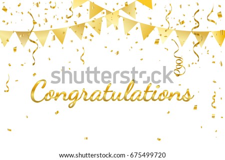Congratulations With Golden Confetti And Ribbon. Vector Illustration