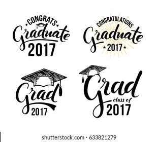 Congratulations graduate 2017. Set of graduation labels. Vector isolated elements for graduation design, congratulation event, party, high school or college graduate.