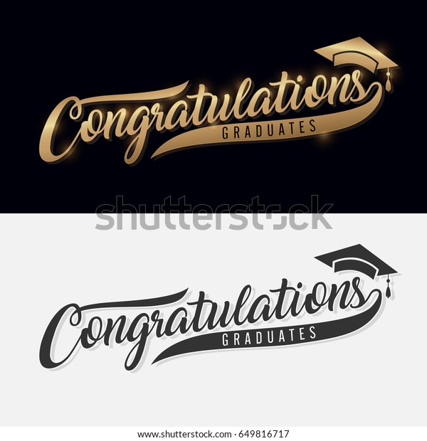 卒業おめでとう 書字 白黒の背景に手書きのフレーズと金色のテキスト のベクター画像素材 ロイヤリティフリー