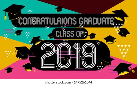 congratulations graduate class of 2019, colorful banner with square frame, photo booth props and masks on colorful background. Vector illustration.