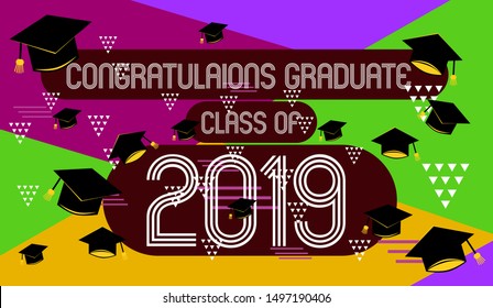 congratulations graduate class of 2019, colorful banner with square frame, photo booth props and masks on colorful background. Vector illustration.