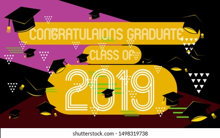congratulations graduate class of 2019, colorful banner with square frame, photo booth props and masks on colorful background. Vector illustration.