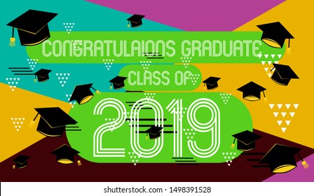 congratulations graduate class of 2019, colorful banner with square frame, photo booth props and masks on colorful background. Vector illustration.