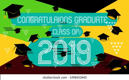 congratulations graduate class of 2019, colorful banner with square frame, photo booth props and masks on colorful background. Vector illustration.