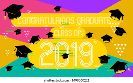 congratulations graduate class of 2019, colorful banner with square frame, photo booth props and masks on colorful background. Vector illustration.