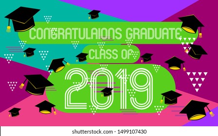 congratulations graduate class of 2019, colorful banner with square frame, photo booth props and masks on colorful background. Vector illustration.