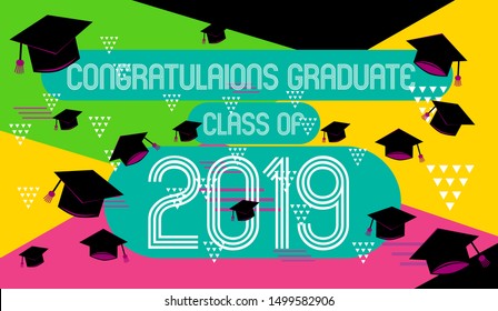 congratulations graduate class of 2019, colorful banner with square frame, photo booth props and masks on colorful background. Vector illustration.