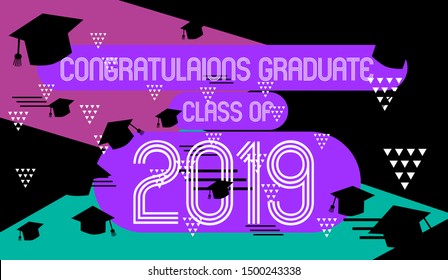 congratulations graduate class of 2019, colorful banner with square frame, photo booth props and masks on colorful background. Vector illustration.