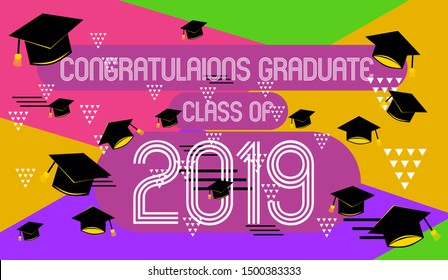 congratulations graduate class of 2019, colorful banner with square frame, photo booth props and masks on colorful background. Vector illustration.