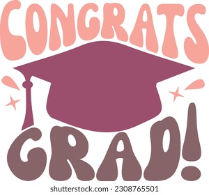 ¡Felicitaciones Graduate! para la fiesta de graduación con letras modernas y gorro de graduación gráfico, ideal para tarjetas, camisetas, decoración de tazas y productos para felicitar a los graduados.
