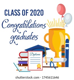 Congratulations Graduate. Lettering Class of 2020 for greeting, invitation card. Text for graduation design, congratulation event, T-shirt, party, high school or college graduate. Illustration, vector