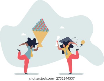 Parabéns à graduada por completar sua educação. Um buquê de flores de um amigo.