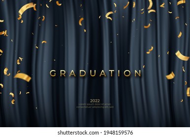 Congratulations Graduate template with golden ribbons on black drapery background. Vector illustrator