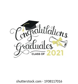 Congratulations graduated vector illustration with graduation cap, diploma scroll and lettering. Class of 2021 hand drawn logo or sign design for cards, invitations, poster or flyer. Flat style art.