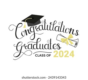 Congratulations graduated vector illustration with graduation cap, diploma scroll and lettering. Class of 2024 hand drawn logo or sign design for cards, invitations, poster or flyer. Flat style art.