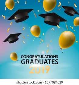 Congratulations Graduates 2019, caps, balloons and confetti on a blue sky background. Caps thrown up. Invitation card with diplomas, vector illustration.