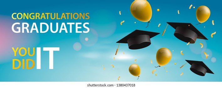 Congratulations Graduates 2019, caps, balloons and confetti on a blue sky background. Caps thrown up. Celebration background, vector illustration.