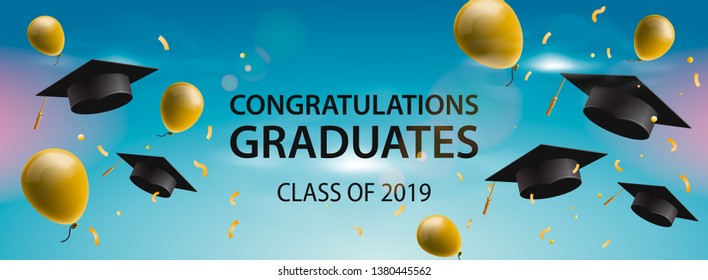Congratulations Graduates 2019, caps, balloons and confetti on a blue sky background. Caps thrown up. Celebration background, vector illustration.