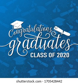 Congratulations graduates 2020 class of vector illustration on seamless grad background, white sign for the graduation party. Typography greeting, invitation card with diplomas, hat, lettering.