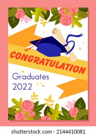 Congratulations, graduates 2022, invitation design with text for prom party vector illustration. Cartoon diploma scroll or certificate, graduate cap with tassel, roses on greeting card borders