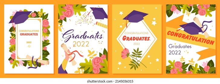 Congratulations, graduates 2022 lettering in creative greeting card set vector illustration. Cartoon ribbon, graduation diploma and certificate, confetti and flowers for happy students background