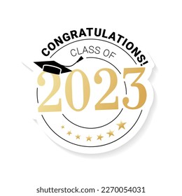 Congratulations Graduates of 2023. Icon. With an academic cap in a minimalistic black and gold design. Graduation ceremony design template for banner, badge, invitation, print, etc.Vector illustration