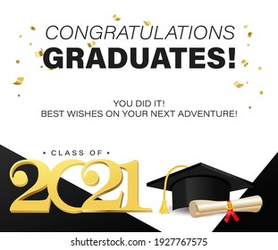 Congratulations graduates background template with graduation wishes. Class of 2021 greeting banner with confetti and cap for invitation, yearbook, card, blog or website. Vector illustration