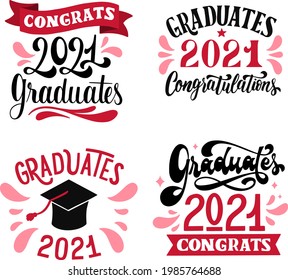 Congratulations graduates banner with cap and design element collection. Class of 2021. Graduation logo. Grad concept for high school or college party, photo album, etc.Vector illustration. EPS 10