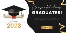 Congratulations Graduates Banner Concept. Class Of 2023. University Or High School Graduation Design Template For Websites, Social Media, Blogs, Greeting Cards Or Party Invitation.