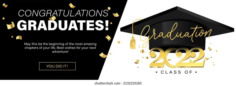 Congratulations graduates banner concept. Class of 2022. Graduation design template for websites, social media, blogs, greeting cards or party invitations.University or High school graduation congrats