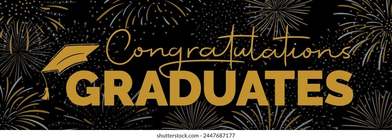 Congratulations graduates banner concept. Congrats graduates text with mortarboard cap. Graduation design template for websites, social media, greeting cards or party invitations. Vector illustration