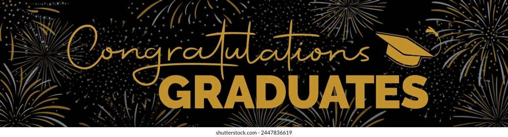 Congratulations graduates banner concept. Congrats graduates text with square academic cap. Graduation design template for websites, social media, greeting cards, party invitation. Vector illustration