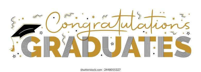 Congratulations graduates banner concept. Congrats graduates text with mortarboard cap and gold confetti. Graduation vector design template for websites, social media, greeting cards, party invitation