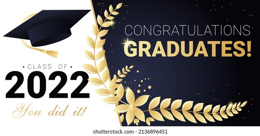 Congratulations graduates banner design template for graduation ceremony. Grad concept template vector illustration. Congratulations graduates flat style design for invitation, greeting card, poster