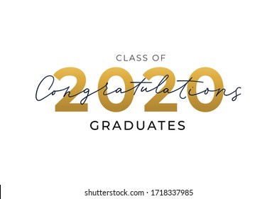 Congratulations graduates card with numbers vector illustration. Golden 2020 flat style. Fun ceremony and festive party. Education and diploma concept. Isolated on white background