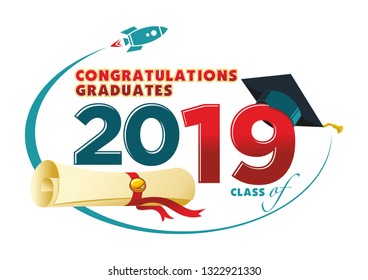 Congratulations graduates card. Vector text for graduation design, congratulation event, party, high school or college graduate. Lettering Class of 2019 for greeting, invitation card - Illustration