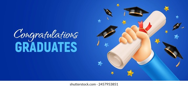 Congratulations Graduates. Celebration banner with a hand holding a diploma and raised up, square academic graduation caps thrown up on the blue background with place for text. Vector illustration