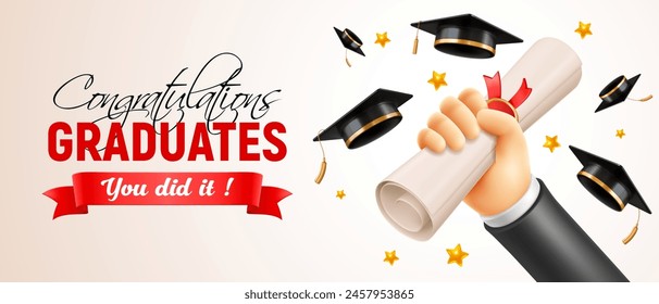 Congratulations Graduates. Celebration banner with a hand holding a diploma and raised up, square academic graduation caps thrown up on the beige background with place for text. Vector illustration