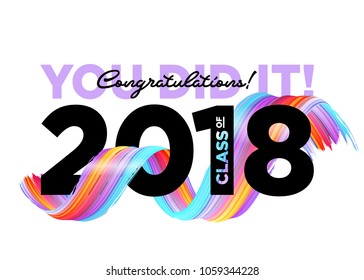 Congratulations Graduates Class Of 2018 Vector Logo. Creative Party Invitation, Banner, Poster, Card. Background Design With Typography And Bright 3D Ink Spiral. Label For College Graduation Ceremony.