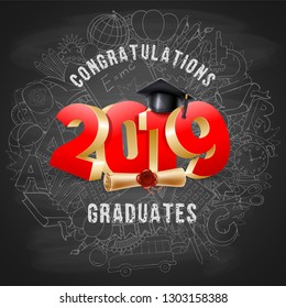 Congratulations graduates class of 2019. Chalkboard background with hand drawn objects on education theme. Vector illustration.