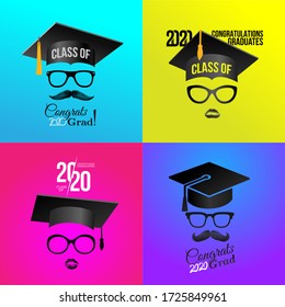 Congratulations graduates Class of 2020 badge. Typography logo design. Set of Concept for print, shirt, overlay or stamp, seal, greeting, invitation card. Design vector with hut and text congrats grad