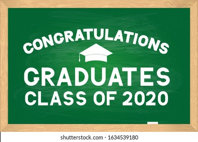 Congratulations to graduates class of 2020 lettering  on green chalkboard with wooden frame.  Easy to edit vector template for typography poster, greeting card, banner, sticker, label, t-shirt, etc. 