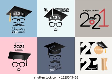 Congratulations graduates Class of 2021 badge. Typography logo design. Set of Concept for print, shirt, overlay or stamp, seal, greeting, invitation card. Design vector with hut and text congrats grad