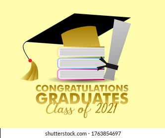 congratulations graduates class of 2021, graphics elements for t-shirts, and the idea for the sign, badge or greeting card and background photo booth