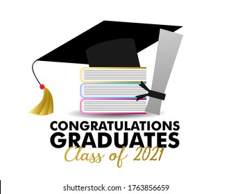 congratulations graduates class of 2021, graphics elements for t-shirts, and the idea for the sign, badge or greeting card and background photo booth