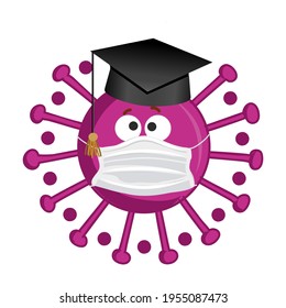 Congratulations Graduates Class of 2021 - Kawaii coronavirus with graduation hat. Vector illustration of a graduating class of 2021. Good for t-shirts, yearbook. funny illustartion.