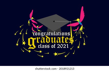 congratulations graduates class of 2021 text. vector illustration, graphics elements for t-shirts, and the idea for the sign, badge, greeting card, banner