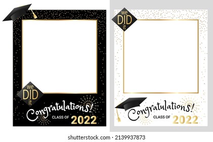 Congratulations graduates class of 2022 photo booth props set. Graduation photo frame design template for selfie, print, party, invitation etc. Flat style vector illustration for grad ceremony.