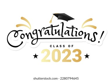 Congratulations graduates class of 2022 typography design. Graduation ceremony vector illustration with academic cap, stars and fireworks. Flat style grad ceremony design for banner, greeting card etc